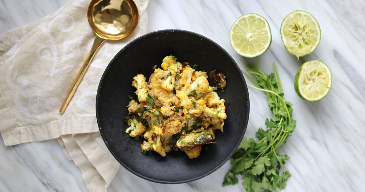 spiced roasted cauliflower brussels sprout quinoa